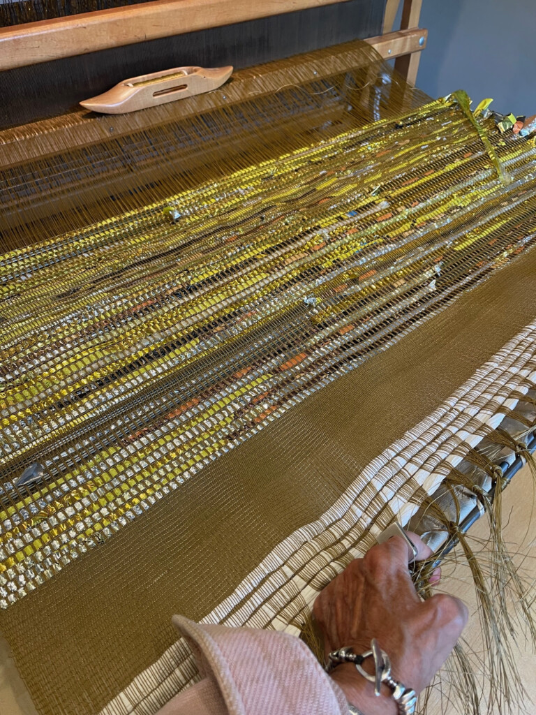 Yellow mylar balloon woven weft dry cleaning hangers New Weave by Suzanne Tick 2025