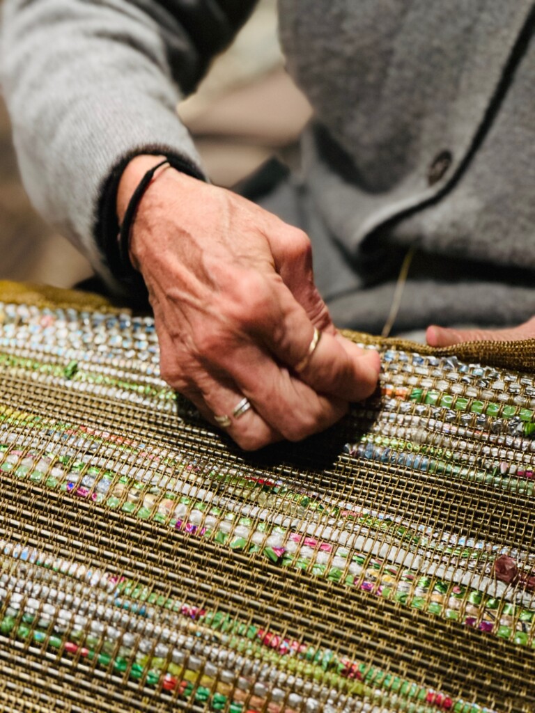 Suzanne Tick Mixed Media Weaving Mylar balloons wire hangers 2025